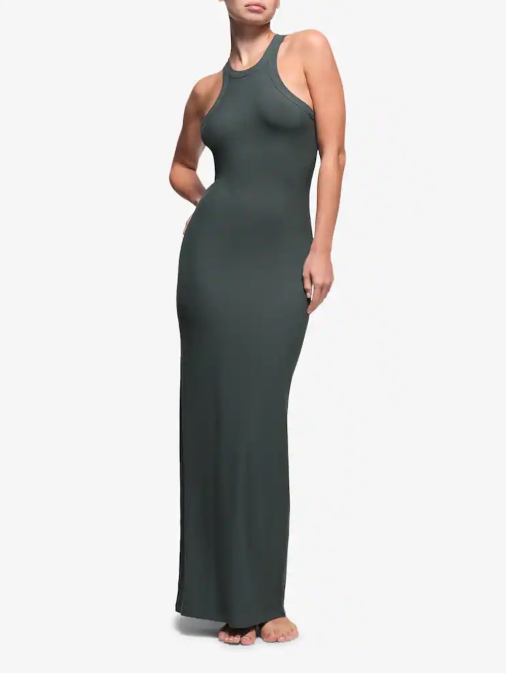 SKIMS High Neck Tank Dress Olive Green Maxi Bodycon Ribbed Racerback Medium